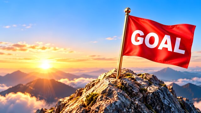 Red flag with goal text planted on a rocky mountain peak during sunrise. Concept of corporate leadership, paradigm shift and business success.