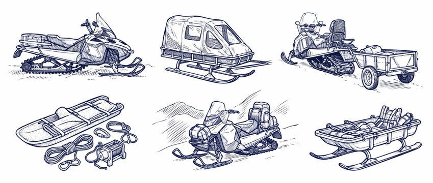 Snowmobile illustration set winter transport vector sketch collection of snow machine, rescue sled, passenger toboggan, trailer, winch gear for arctic expedition, mountain rescue, outdoor adventure