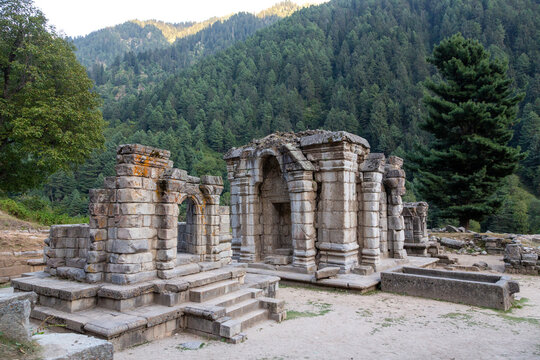 Ancient stone temple ruins with carved arches and steps in a forested valley, Jammu and Kashmir, Kangan, India