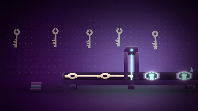 Pink keys on conveyor turning into glowing tokens passkey in a room