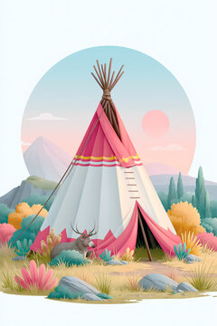 A serene vector illustration of a traditional native teepee tent with pink accents, nestled in a wilderness landscape with a resting deer, mountains, and soft sunset sky