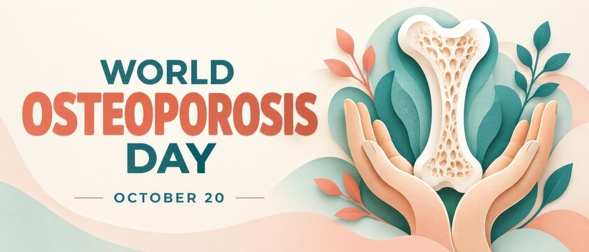 World Osteoporosis Day Paper Cut Banner with Hands Protecting Bone and Botanical Leaves