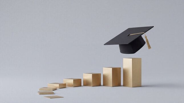 Graduation cap atop a rising bar graph symbolizing academic achievement, success, and educational growth on a neutral background