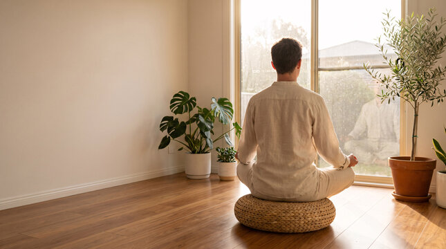 Man meditating on a woven stool facing a window, with an olive tree in the room