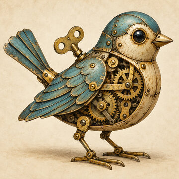 Wind-up mechanical bird with brass gears