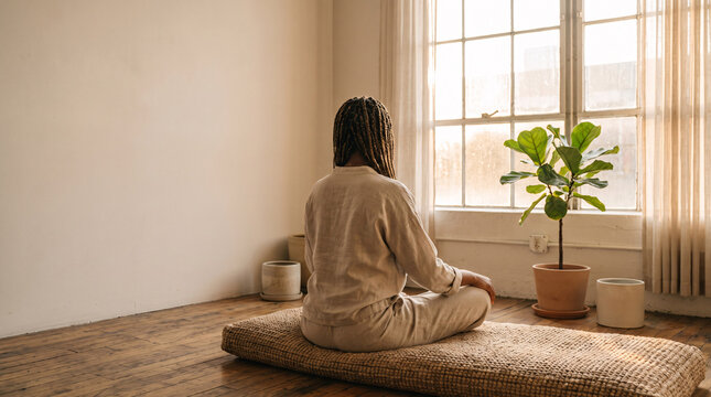 Braided-hair person seated on a rattan floor mat gazing toward a sunlit window