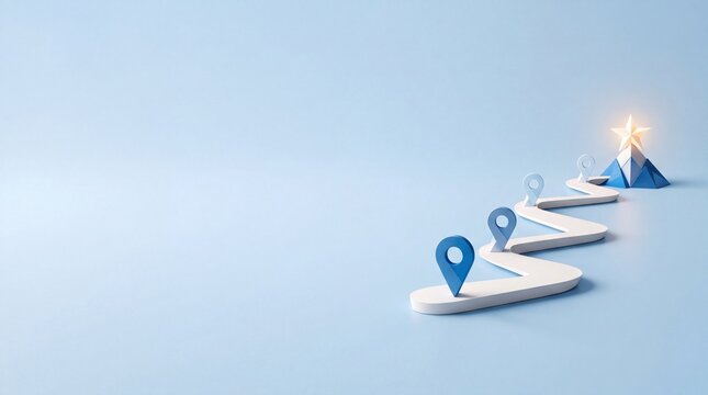 Winding path with map pin markers leading to a star on a mountain peak, symbolizing goal achievement, success, and journey