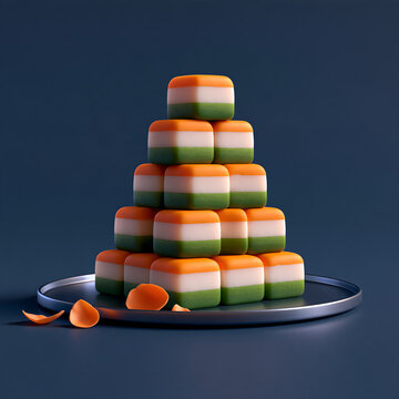 Clay render of tricolour barfi stacked on a steel plate