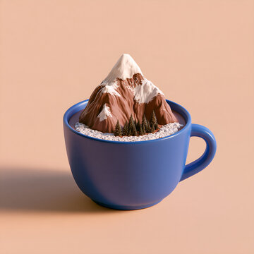 Clay render of a snowy mountain standing in a mug of hot cocoa