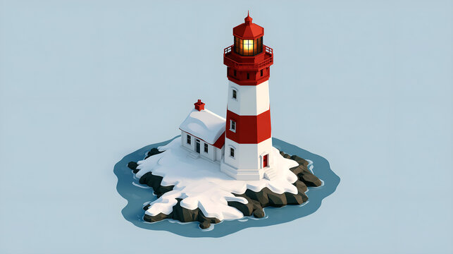 Isometric lighthouse on a rocky islet in a calm winter sea