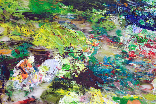 Multicolored heavy impasto abstract oil painting texture. Messy palette knife acrylic canvas surface for expressive creative art design