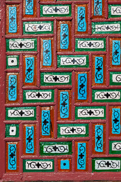 Geometric painted wooden lattice on the Shah e Hamadan mosque, Jammu and Kashmir, Srinagar, India