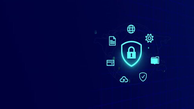 Cyber data protection shield icon presented in perspective HUD overview tracking global privacy networks and secure file transfers.