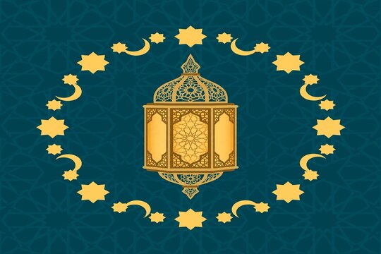 Golden fanous Ramadan lantern emblem with crescents and stars on dark teal, flat vector illustration