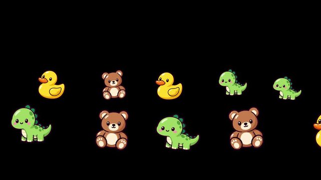 Playful cute animated cartoon baby toys teddy bears ducks dinosaurs scrolling across screen in seamless loop motion