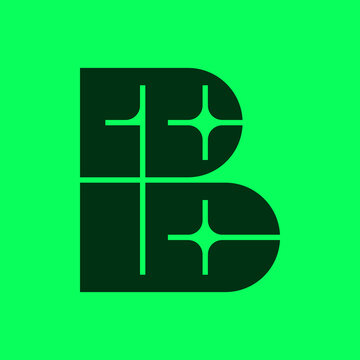 Letter B monogram logo with two sparkle plus signs, bold geometric split lettermark in dark green on neon green background