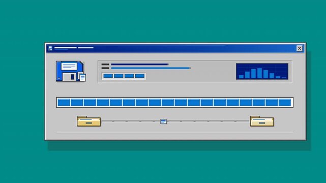 Authentic 1990s desktop computer interface animation featuring a classic file-transfer dialog, blue segmented progress bar, floppy disk icon, and pixe.