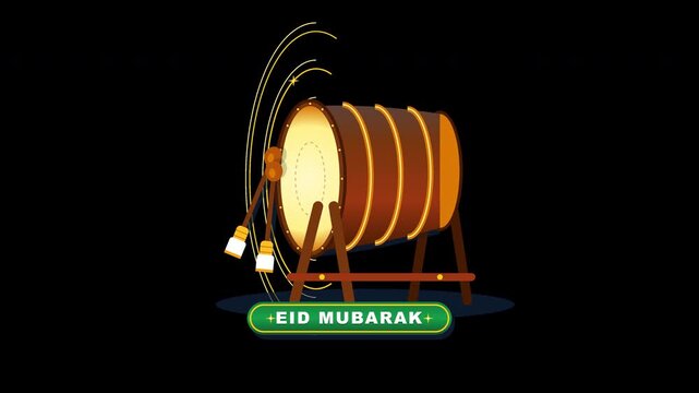 Flat vector animation of an Eid Mubarak bedug drum stick beating rhythmically with golden sparkles and a traditional baju koko sleeve cuff on transparent background