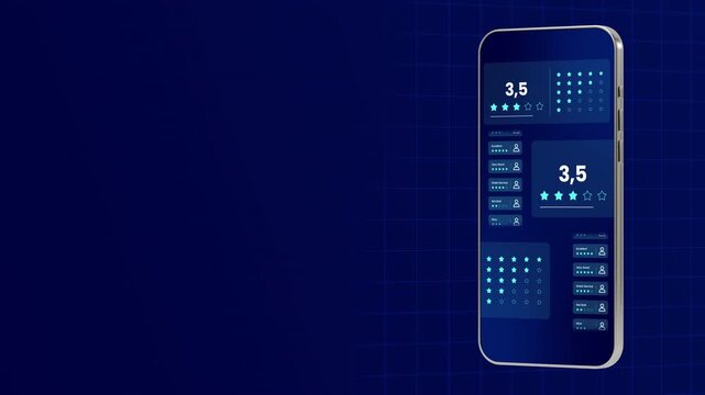 Customer satisfaction rating app shown on a standing smartphone screen tracking 4.2 star review score and user feedback lists.