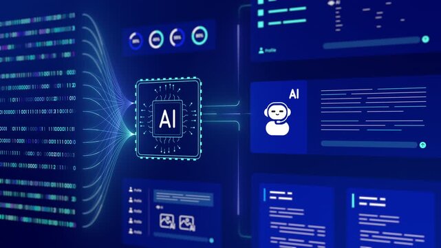 AI neural processor overview showcasing central chip connecting binary data stream to artificial intelligence bot and profiles.
