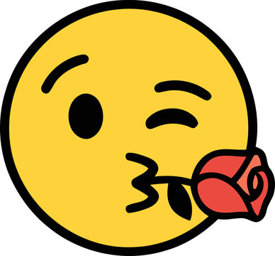 A cheerful yellow emoji is blowing a kiss with a vibrant red rose held close to its puckered lips