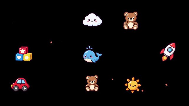 Colorful animated cute baby and kids icons pop up and disappear in a grid pattern creating a seamless loop motion