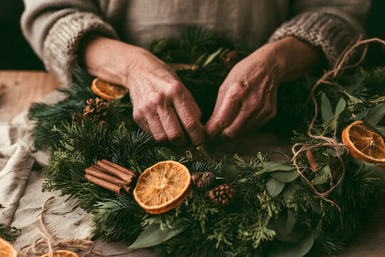 クリスマスリースを手作りする女性 モミの枝とドライオレンジを使ったナチュラルなクリスマス飾りのDIY