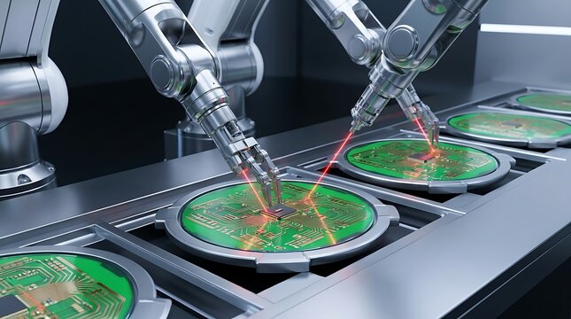 Smart factory automation with shiny chrome robotic arms inspecting silicon wafers on conveyor belts