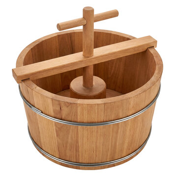 Wide wooden bucket butter churn with metal bands, a vertical dasher and a horizontal crossbar, isolated on transparent background