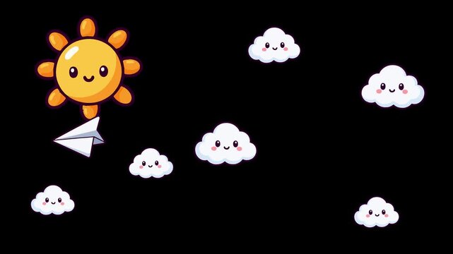 Dreamy animated paper airplane flying through a cute sky with smiling sun and happy clouds motion graphic seamless