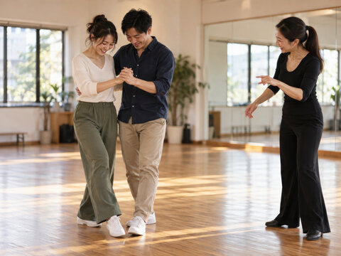 Dance Instructor Teaching Couple Basic Steps in Studio. Learning New Skills concept.