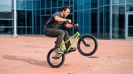 Naklejka premium young man riding a green bmx bike and performing a manual trick on pavement