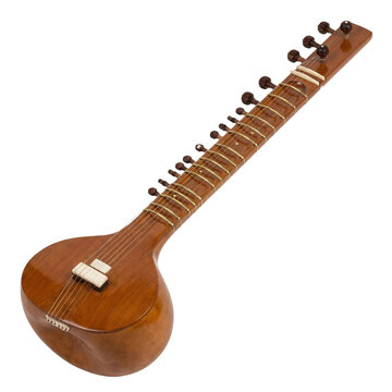 Round-resonator sitar in polished brown wood with a long neck, metal frets and tuning pegs, isolated on transparent background