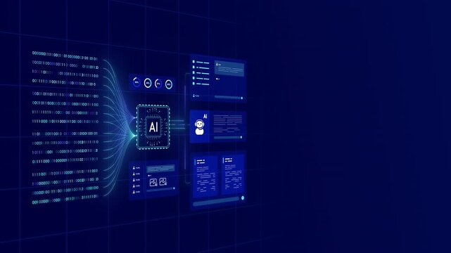 AI binary data stream processing interface showing central microchip linked to customer support bot and analytics panels.