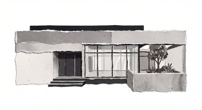 Modern Minimalist Villa with Courtyard Ripped Paper Craft Illustration Isolated on White Background, Monochrome Torn Paper Architecture Design