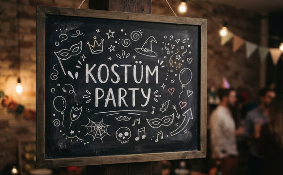 Kost&uuml;m Party Schilder mit Kreidezeichnung f&uuml;r Karneval und Mottoparty Dekoration