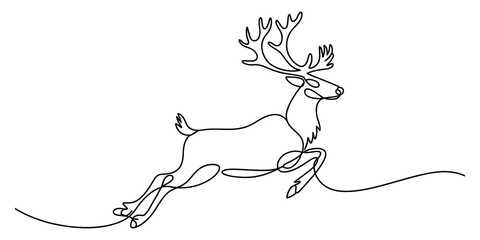 Continuous single line drawing of a jumping reindeer with antlers isolated on transparent background © Shuvo Mohonto
