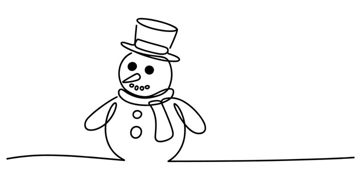 Continuous single line drawing of a happy snowman wearing a top hat isolated on transparent background