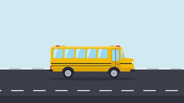 Yellow School Bus Driving on Road Flat Vector Animation Motion Graphic Loop