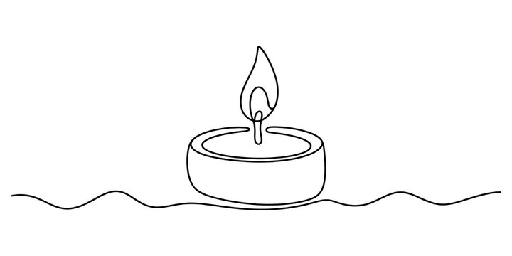 Continuous single line drawing of a burning tea light candle isolated on transparent background