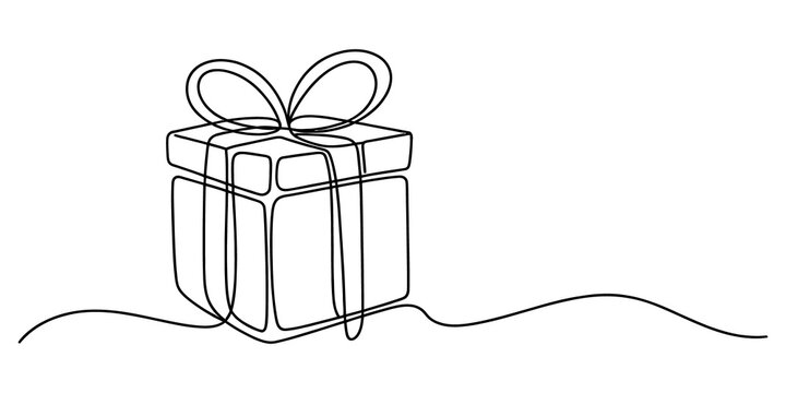 Continuous single line drawing of a gift box with a ribbon bow isolated on transparent background