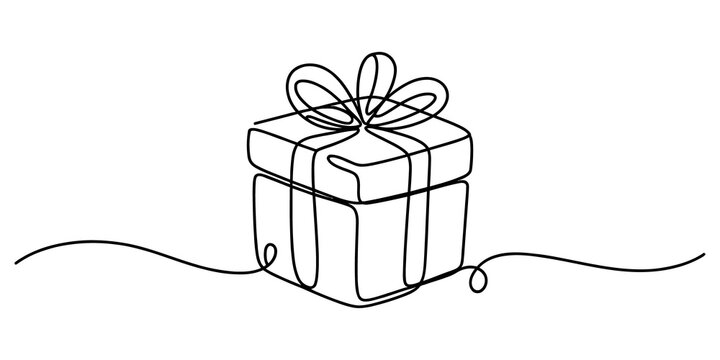 Continuous single line drawing of a wrapped holiday gift box isolated on transparent background