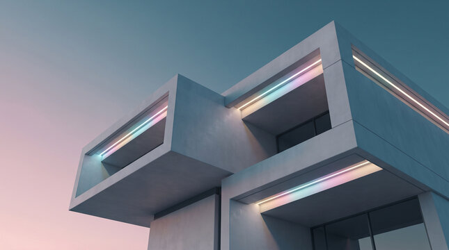 Low angle view of white modular concrete balconies illuminated by rainbow neon bars
