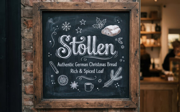 Stollen Authentisches deutsches Weihnachtsbrot - Handgezeichnete Kreidetafel Illustration f&uuml;r B&auml;ckerei Speisekarte und Weihnachtsmarkt Werbung