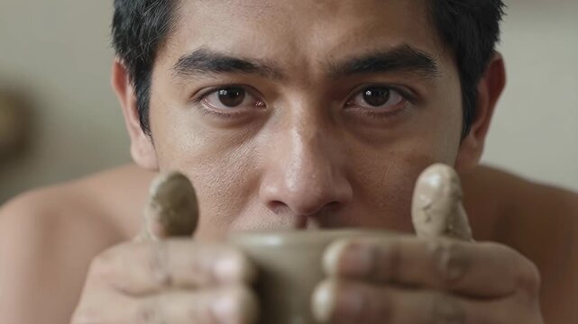 Artist Shaping Clay with Focused Intensity