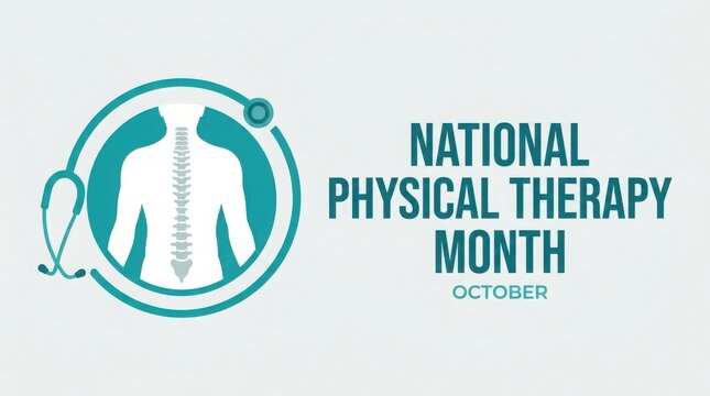 National physical therapy month banner with stethoscope and human spine illustration
