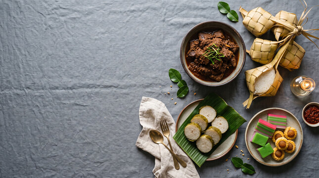 Beef rendang and ketupat rice cakes on table, Hari Raya celebration