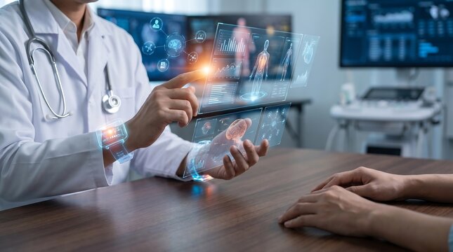 Doctor consulting patient using futuristic holographic interface with advanced digital healthcare technology