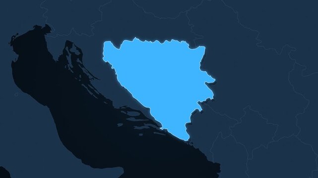 Bosnia and Herzegovina highlighted on a map of Europe with glow