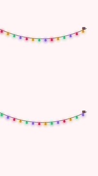 Animated festive double garland strands running lights in a minimal flat vector style, purple and violet on a light background. Smooth 4K seamless loop in vertical 9:16 format with calm motion and ple